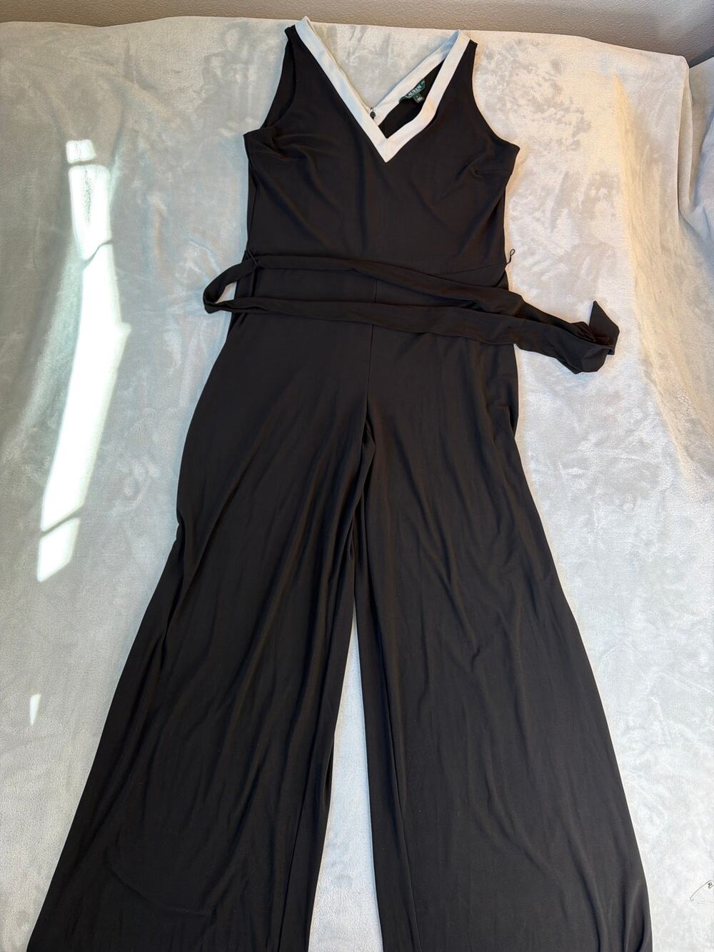 Lauren Ralph Lauren Colorblock V-Neck Wide Leg Jumpsuit Large Black White L